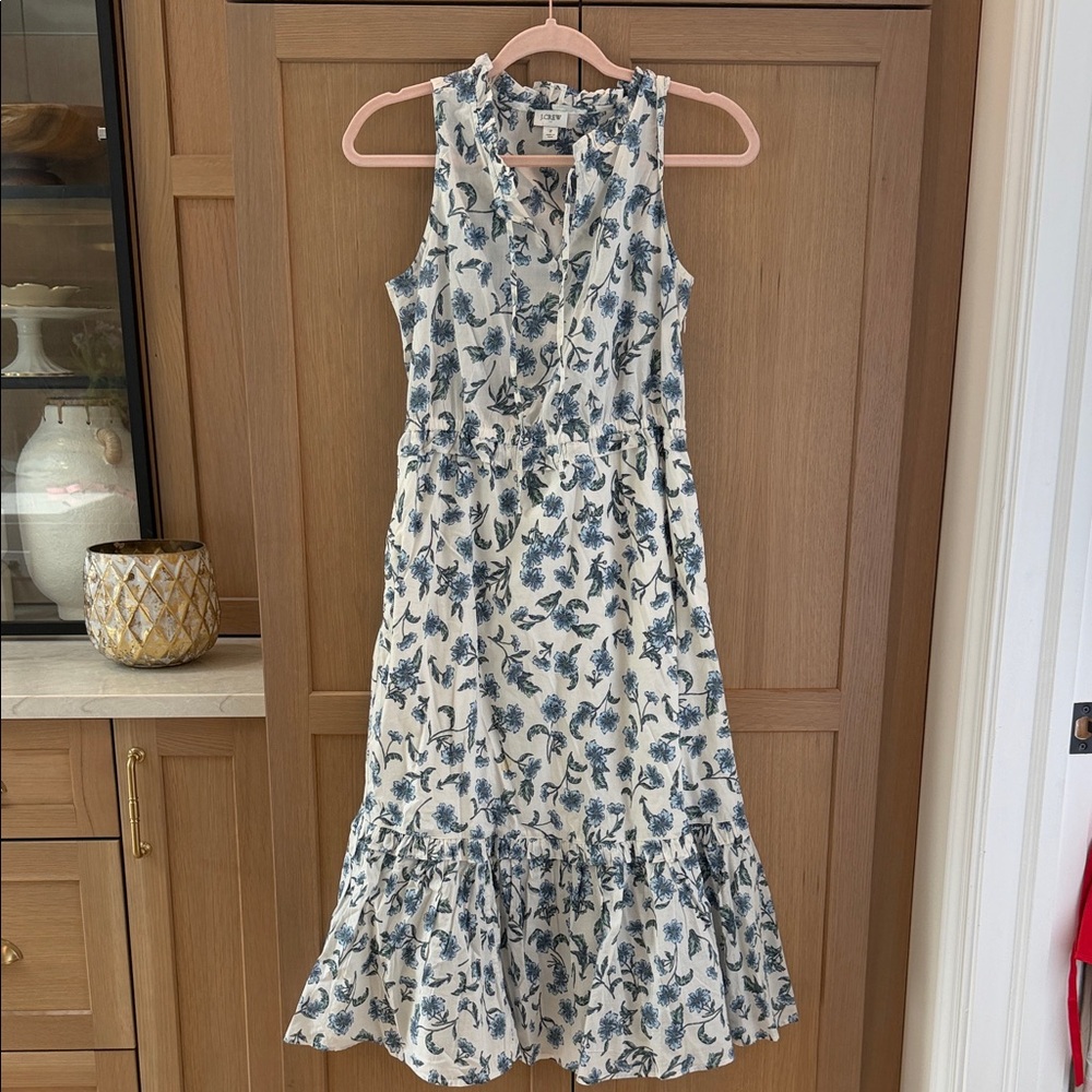 J. Crew White Sleeveless Floral Dress with Blue Flower Print